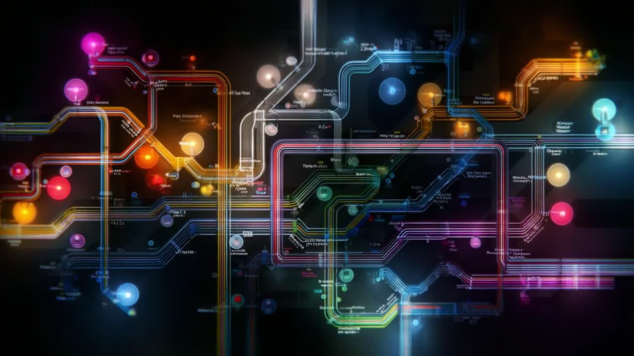 A Vibrant Intersection of Digital Pathways: An Intricate Network of Colorful Connections Representing Data Flow and Communication in a Futuristic Digital Landscape