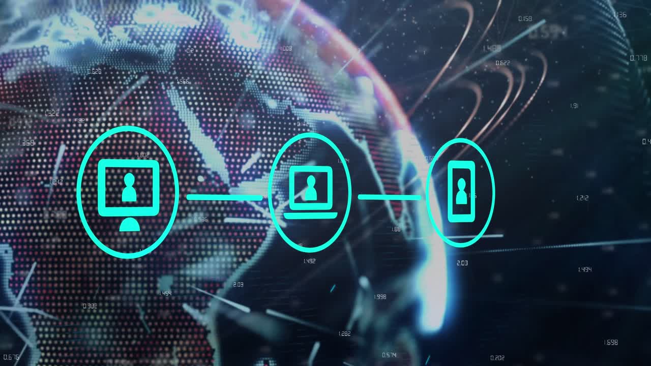 animación de diagrama de flujo de iconos sobre números y líneas cambiantes en el globo contra un fondo abstracto