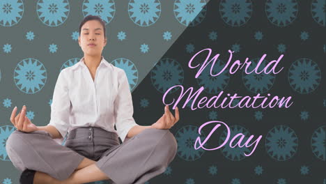 animation of world meditation day text with biracial woman meditating on grey background