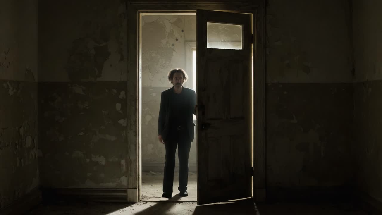 A figure stands in a dimly lit doorway, evoking a sense of mystery and anticipation, as shadows play across the walls of an abandoned room