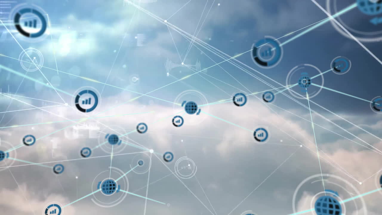 animación de la red de conexiones y procesamiento de datos sobre un cielo nublado