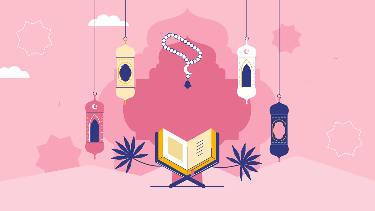 ilustración de arte islámico con corán, linternas y cuentas de oración