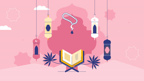 islamic art illustration with quran, lanterns, and prayer beads