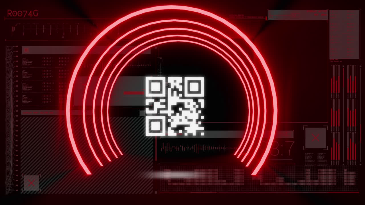 animación digital de código qr brillante y círculos de neón a través de una interfaz digital con procesamiento de datos