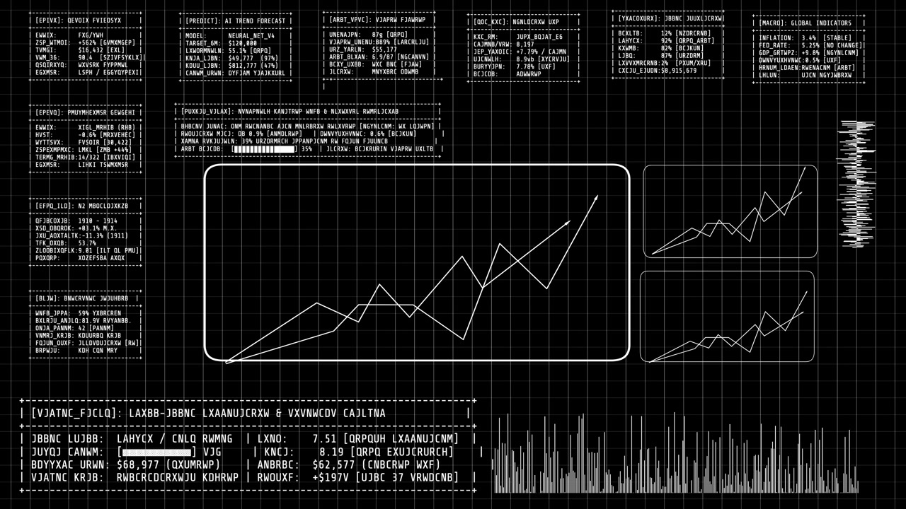Monochrome financial computer terminal tracking stock market sentiment, crypto trends, and real-time asset volatility indicators. Perfect for banking and algorithmic trading b-roll.