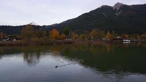 panning-shot-of-Wildsee-a-tranquil-lake-in-Autumn-reflecting-the-mountains-of-the-alps-in-Seefeld-in-Tyrol,-Austria