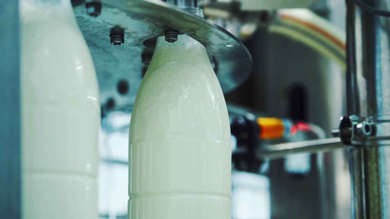 Milk is pouring into plastic bottles at a modern food factory. Footage of milk bottles at the production line in a milk company. Dairy production close-up.