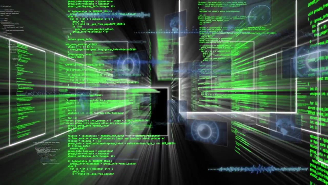 Camera moving forward through virtual data corridor, revealing sliding code panels and HUD icons