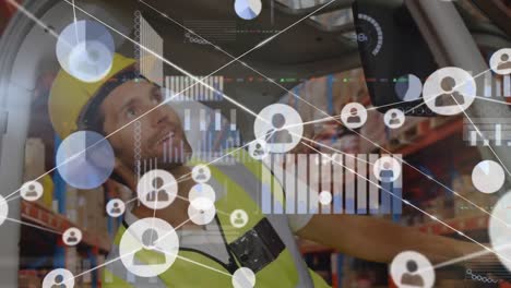 animation of network of connections with icons over man working in warehouse