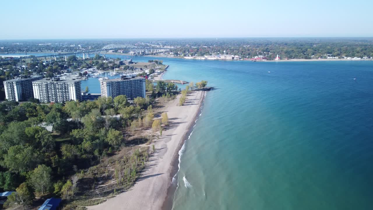 Morning Light Over Blue Water Bridge and St. Clair River Aerial Scene