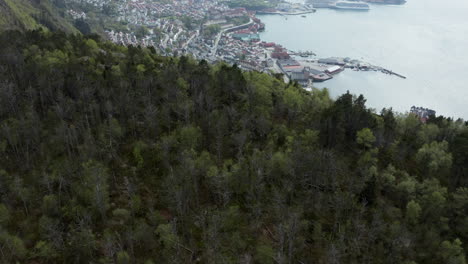 drone shot revealing bergen and sandviken from sandviksfjellet