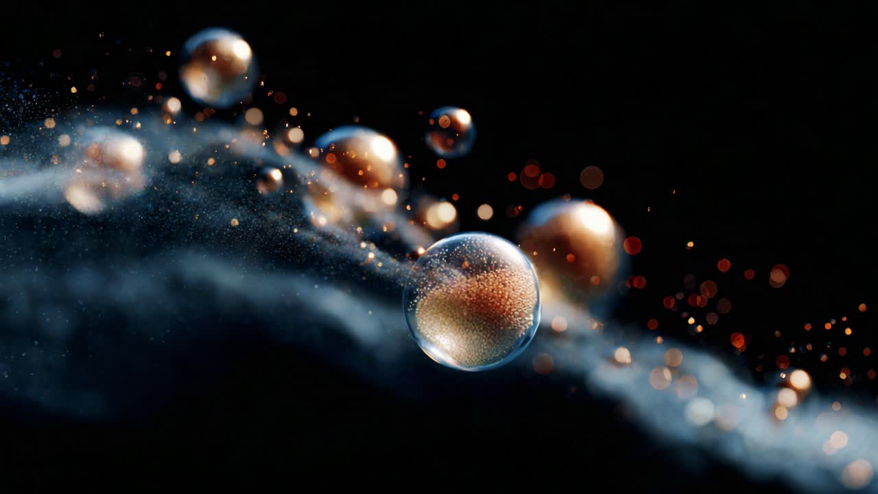 Mesmerizing Close-Up of Floating Soap Bubbles with Glimmering Particles and a Dark Background: A Stunning Exploration of Light, Color, and Movement in Abstract Art