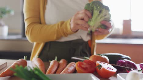 midsection of asian woman cooking , chopping vegetables in kitchen