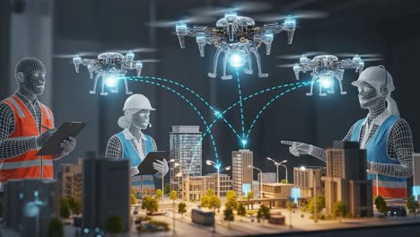 advanced drone technology in construction: a team of engineers utilizing drones for urban planning and development with a focus on smart city innovations
