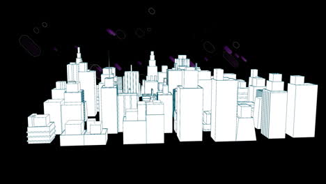 animación de rastros púrpuras de luces sobre el dibujo del paisaje urbano en 3d
