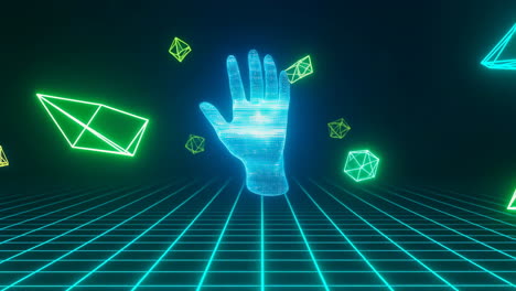 holographic hand in a futuristic digital grid