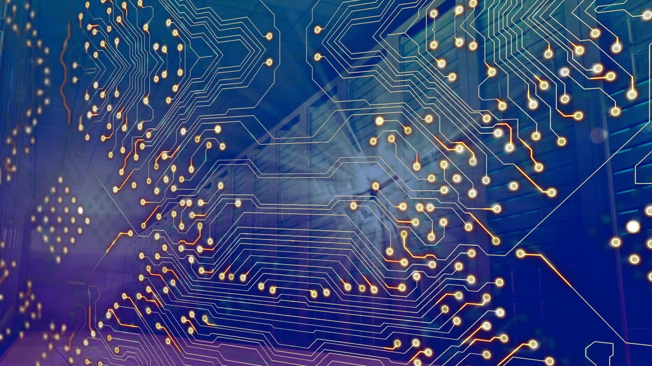Animation of integrated circuit over servers in blue