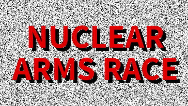 Corsa agli armamenti nucleari. Frase su un problema su schermo disturbato. Interferenza VHS in loop. Sfondo animato vintage. Militare