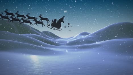 Animation-of-snow-falling-over-santa-claus-in-sleigh-with-reindeer-and-winter-landscape