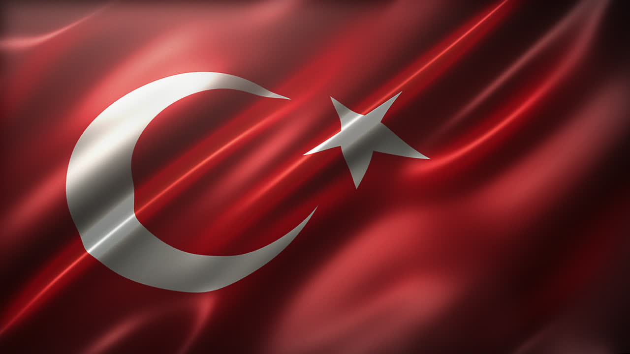 The National Flag of Turkey, high-angle, perspective view, cinematic look and feel, glossy, slow-motion wavering, elegant silky texture waving