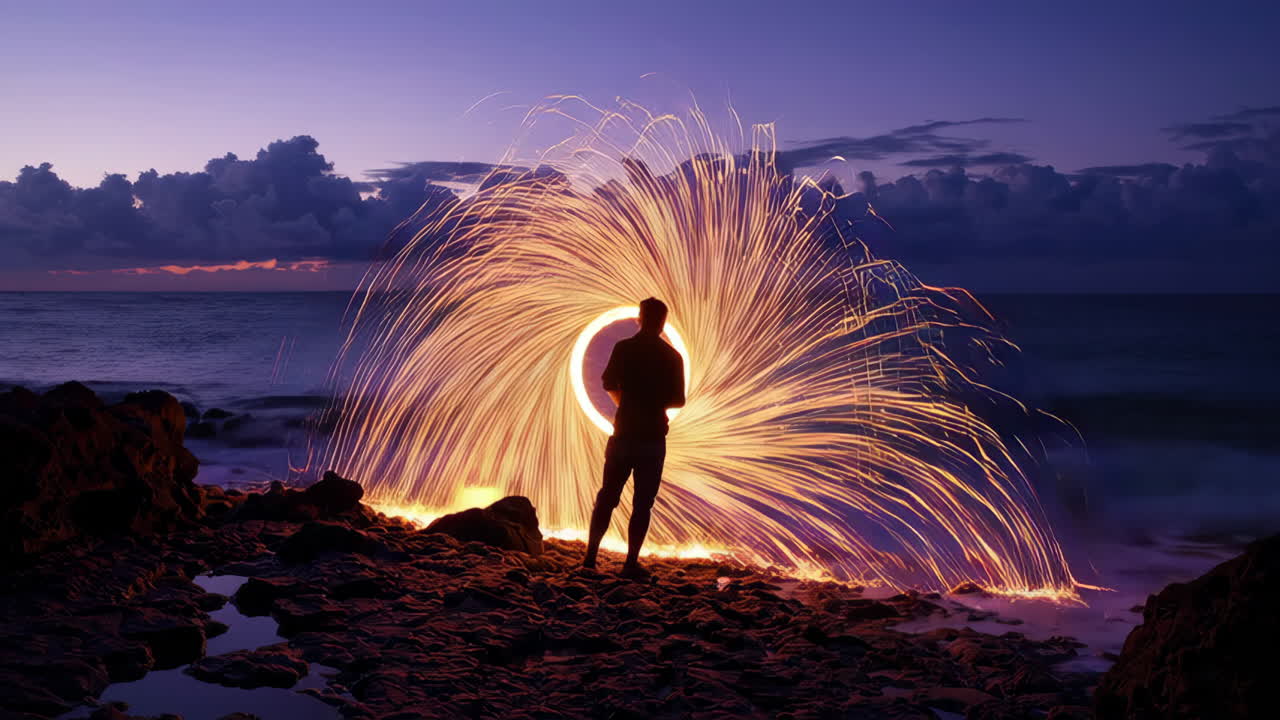 Person Light Painting with Steel Wool by the Ocean at Twilight