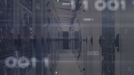 Animation-Des-X-Symbols-Mit-Binärcodes-über-Leiterplattenmuster-Auf-Server-Racks