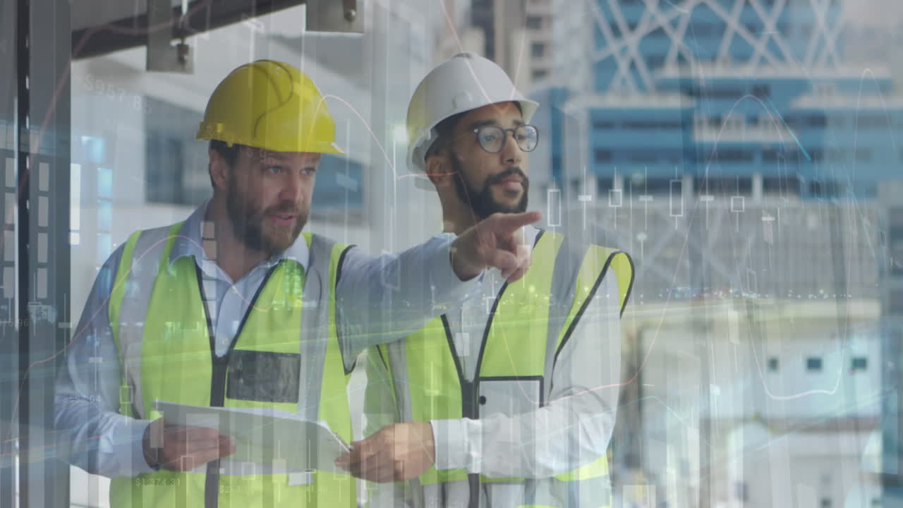 Animation of statistics processing over male architects talking at construction site