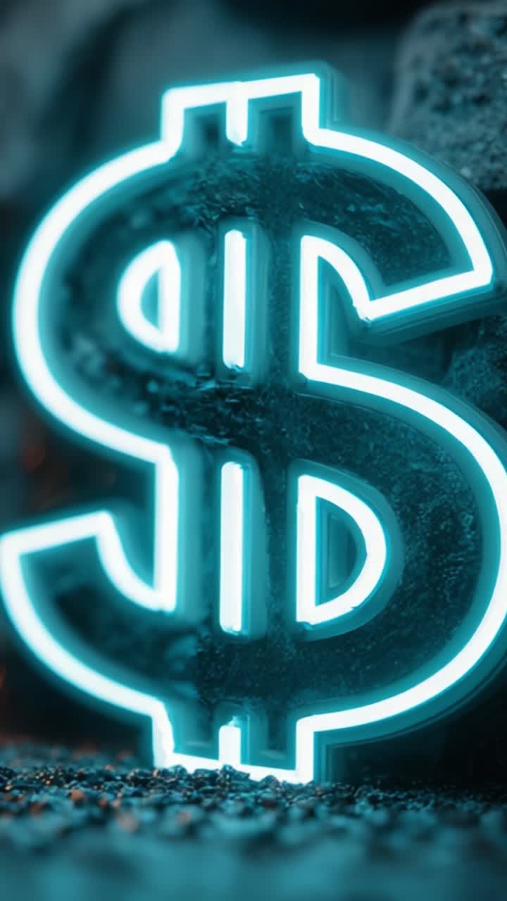 Simbolo del dollaro al neon illuminato che risplende su uno sfondo testurizzato, simboleggiando ricchezza e valuta in una moderna era digitale della finanza.