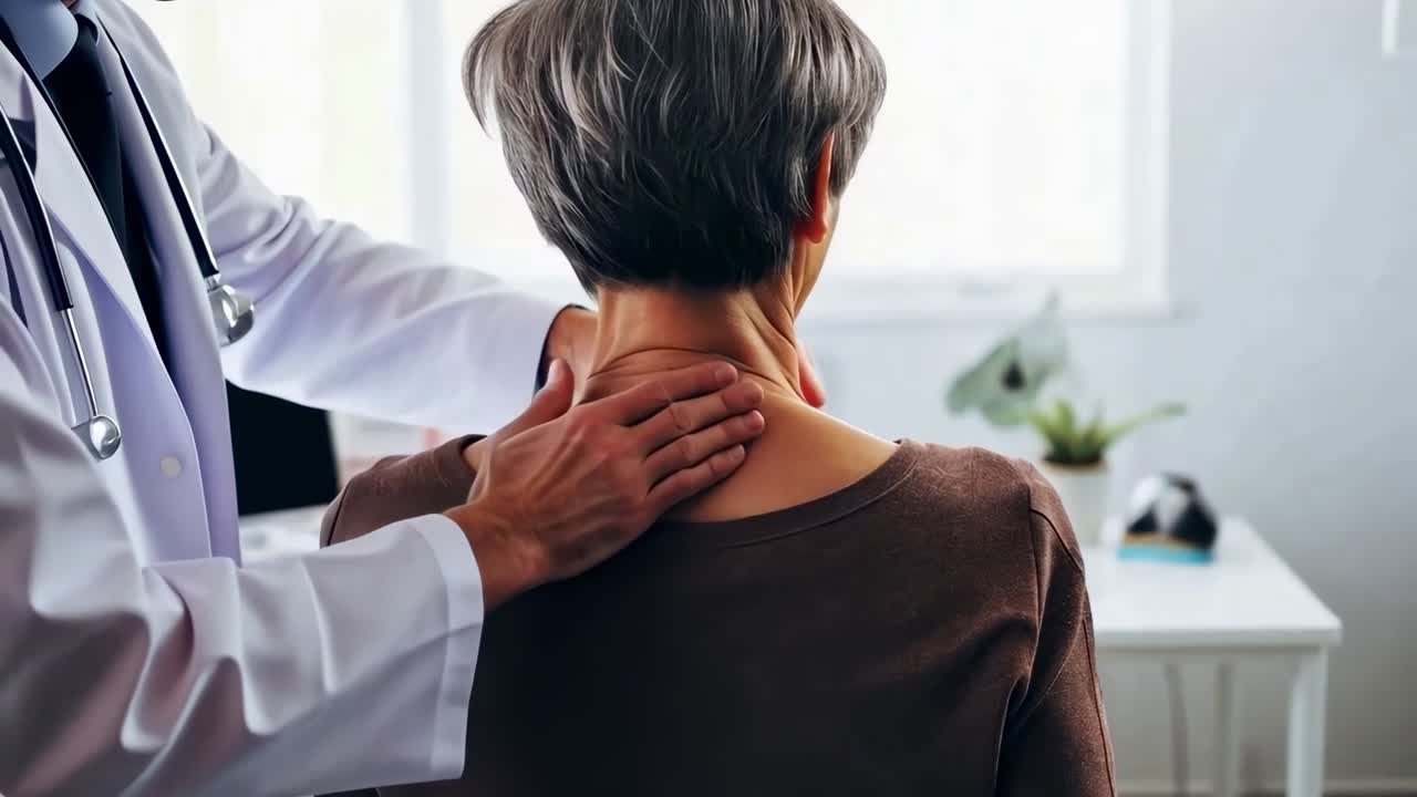 A video still showing a doctor examining a patient's neck from a rear angle