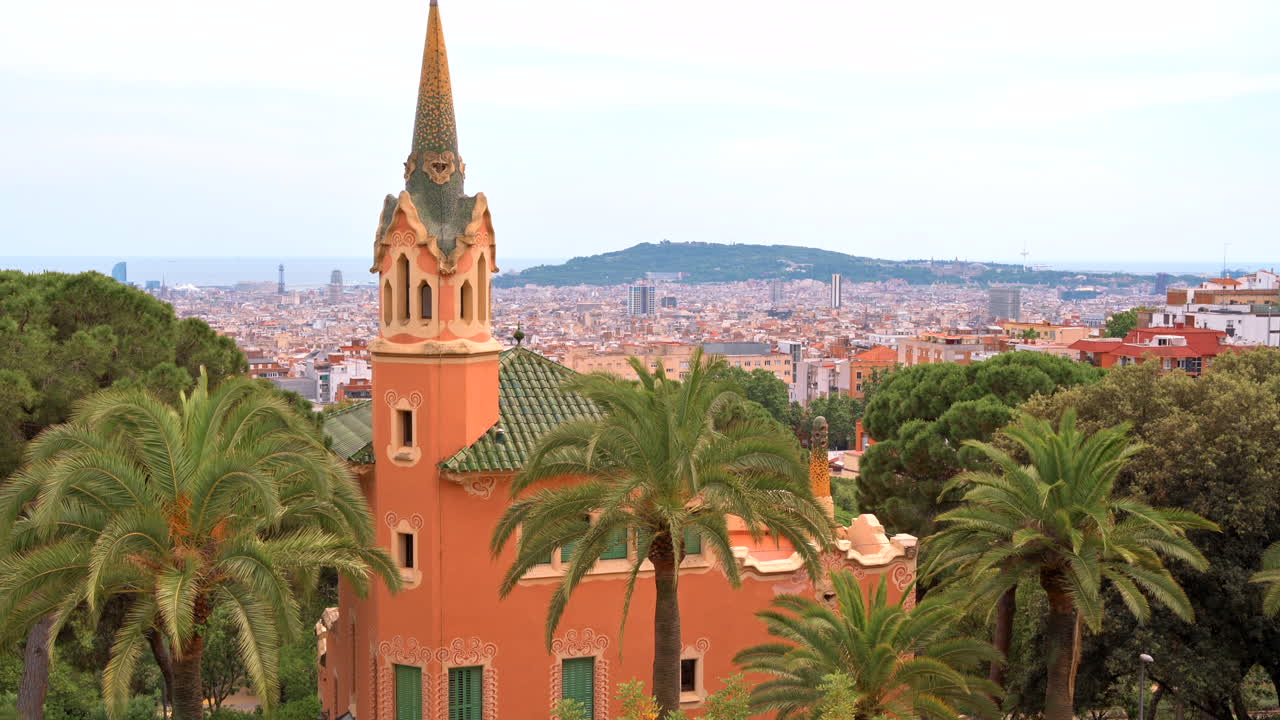 Barcelona, Spain - August 26, 2022: View of architectural elements in Park Guell located on Turo del Carmel