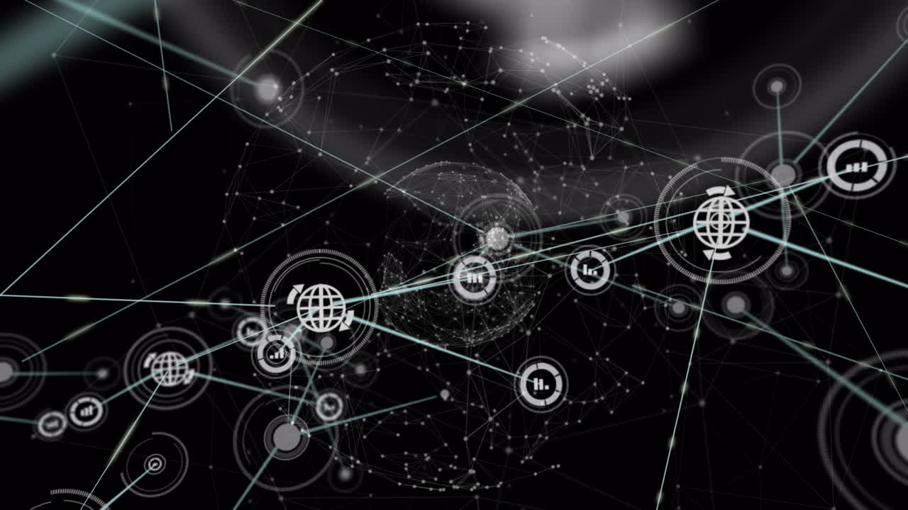 Animation of growing network of information and global sharing icons transferring data on black