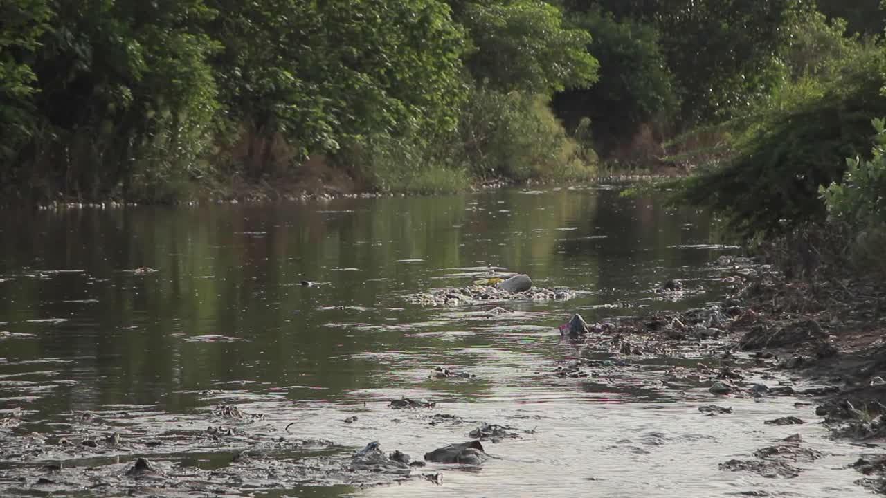 basura arrojada que contamina un paisaje fluvial, basura arrojada creando cambio climático