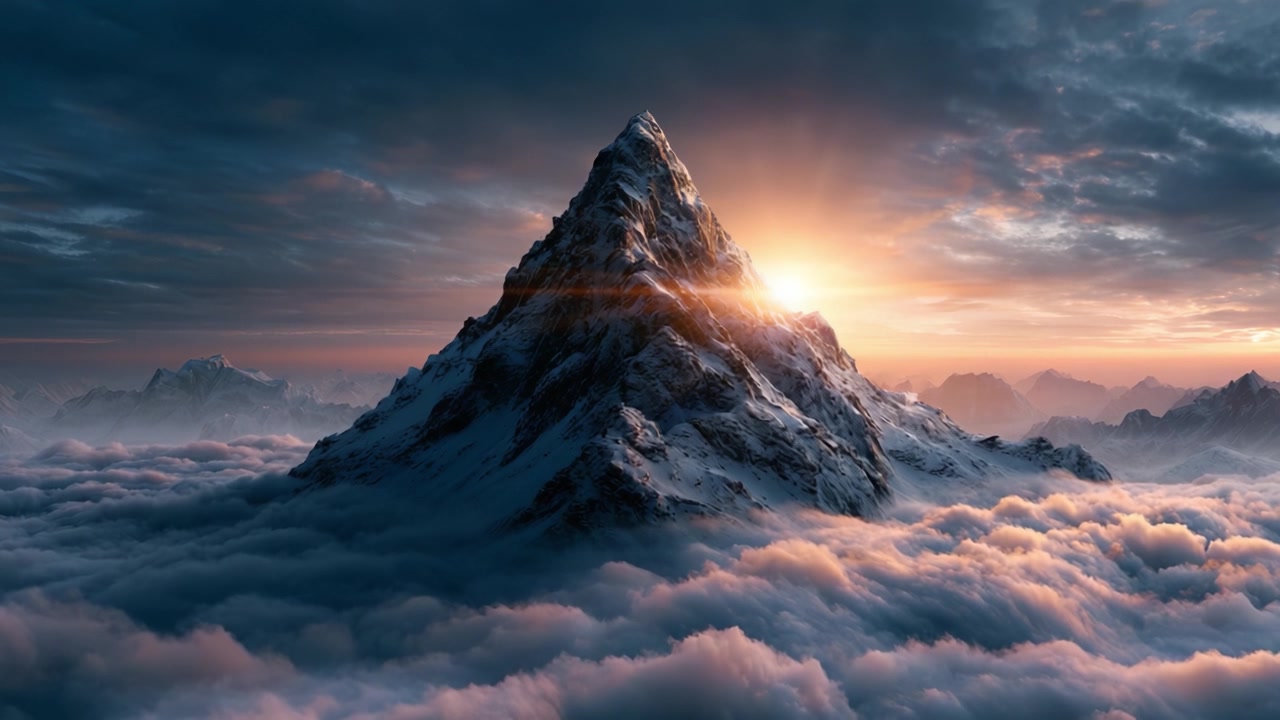 Breathtaking Sunrise over Majestic Mountain Peak Surrounded by Clouds, Capturing the Essence of Nature's Splendor and Tranquility