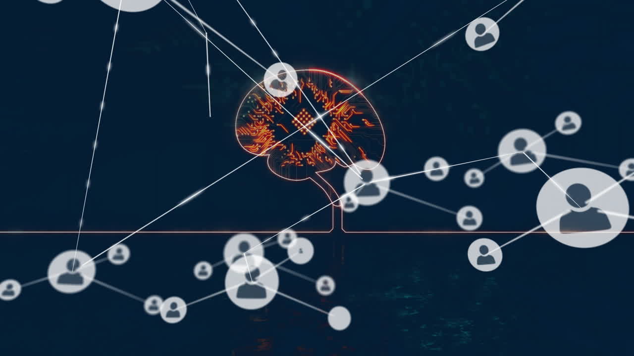 어두운 배경에 있는 인간의 뇌 위에 있는 사람들과의 연결망의 애니메이션 아이콘