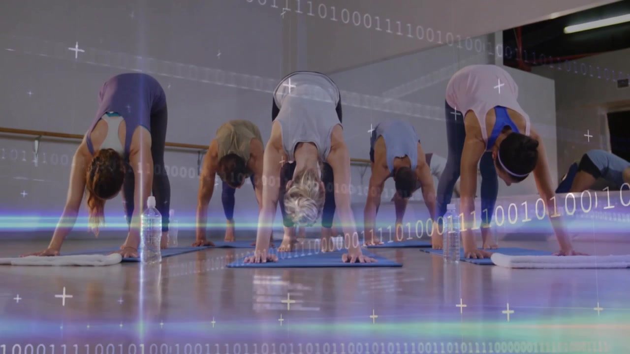 Yoga participants kneeling planting toes into plank flowing into downward dog under binary code