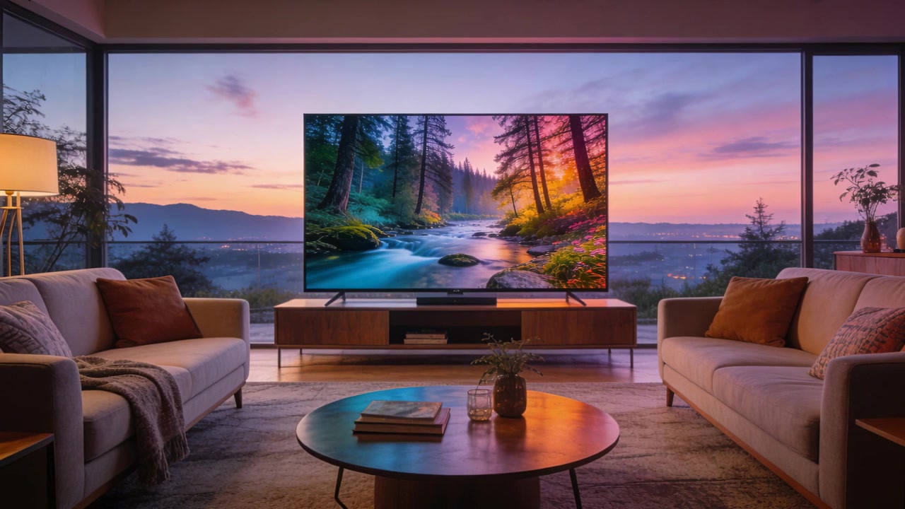 TV esposta in soggiorno su una console, che mostra un ruscello nel bosco mentre il tramonto risplende attraverso una parete di vetro.