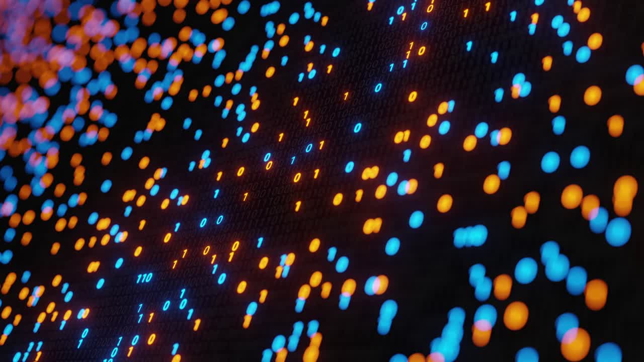 abstract sin costuras azul y naranja código digital binario matriz fondo vj bucle con llamarada.