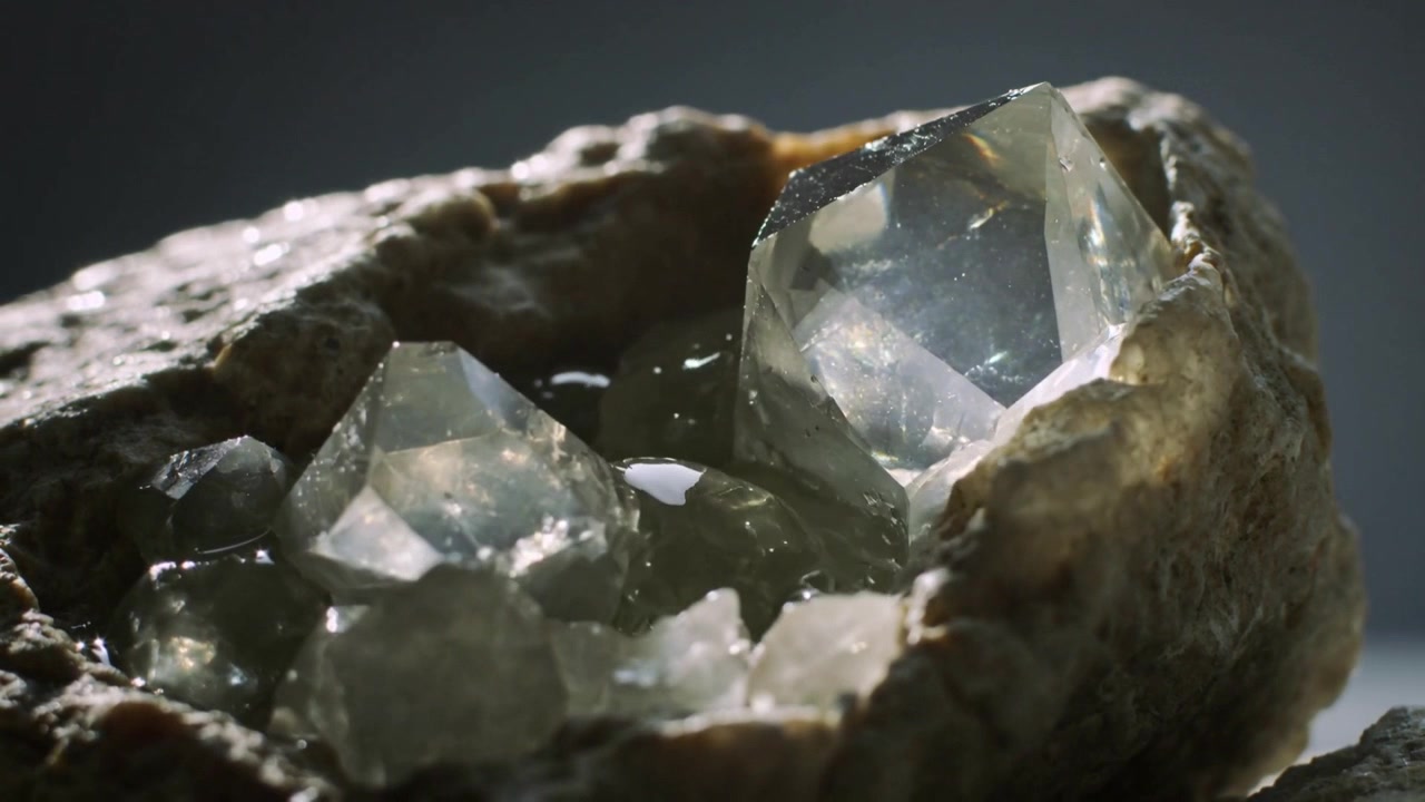 Sonda metallica che tocca un grande cristallo in una geode dimezzata su un tavolo, spruzzando goccioline e mostrando le sfaccettature.