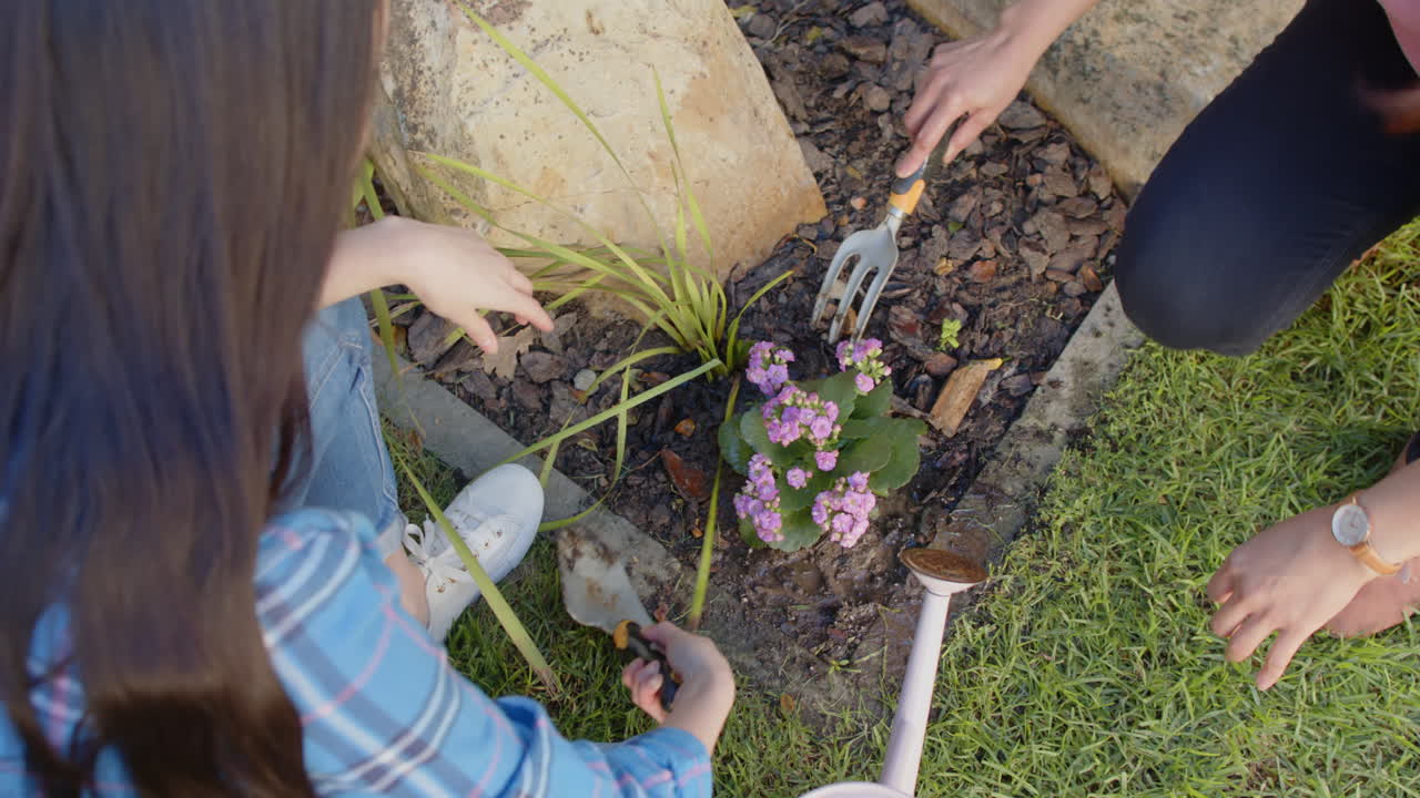 Planting flowers in garden, asian mother and daughter using gardening tools and working together