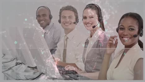 animazione di uomini d'affari che usano cuffie telefoniche su qr code e connessioni.