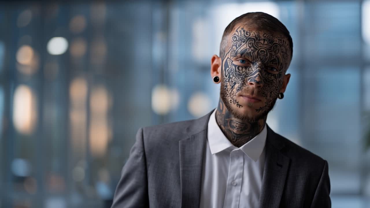 Man with extensive facial tattoos wears a formal suit. He stands in an office, facing the camera. His expression is calm and composed. The background is softly blurred, highlighting his appearance