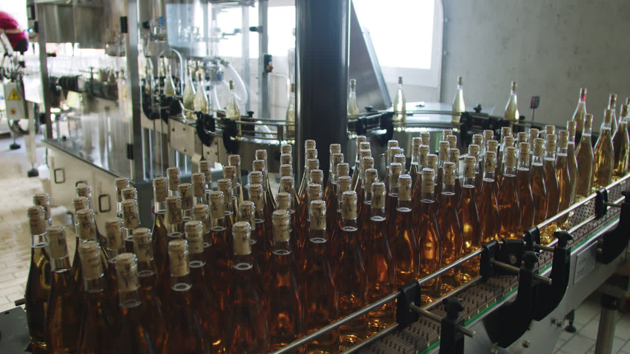 Amazing wide shot of machinery that fills wine bottles inside a wine factory in Burgos, Spain during the morning