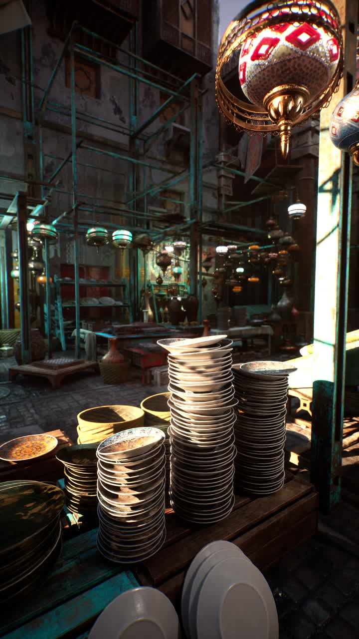 다양한 램프 와 접시 를 판매 하는 바쁜 아랍 시장