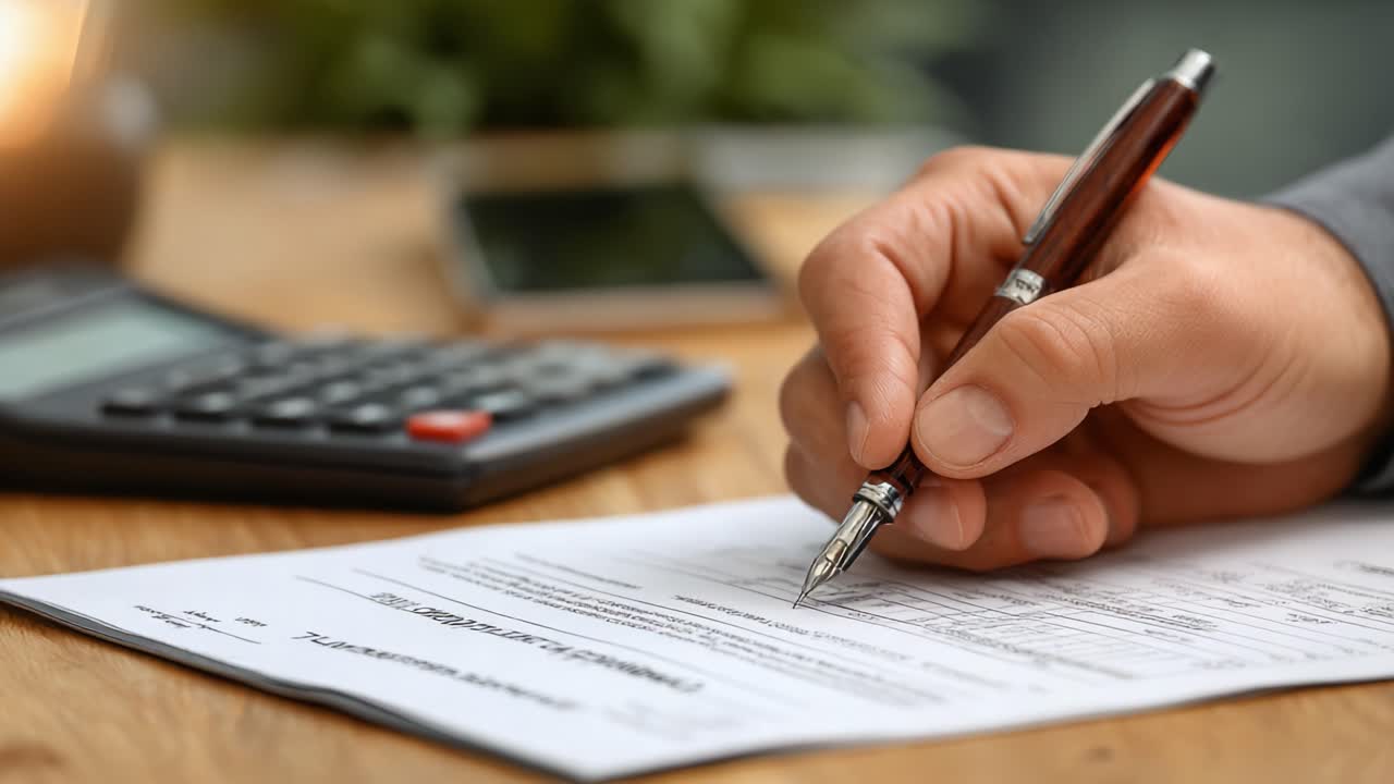 Primo piano di una mano che tiene una penna sopra un documento, con una calcolatrice e uno smartphone sullo sfondo, che illustra alla perfezione il concetto di pianificazione finanziaria e documentazione.