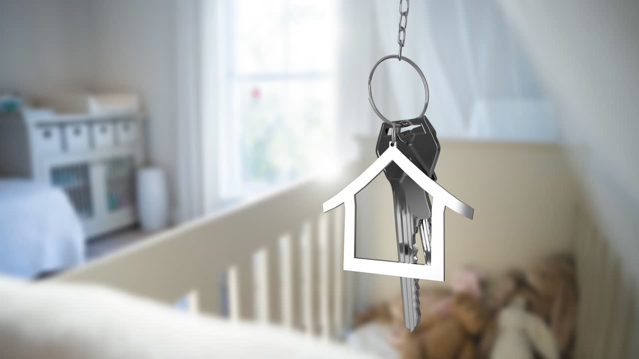 Animazione di una chiave di casa penzolante e una chiave di casa sulla neve che cade e paesaggio invernale.