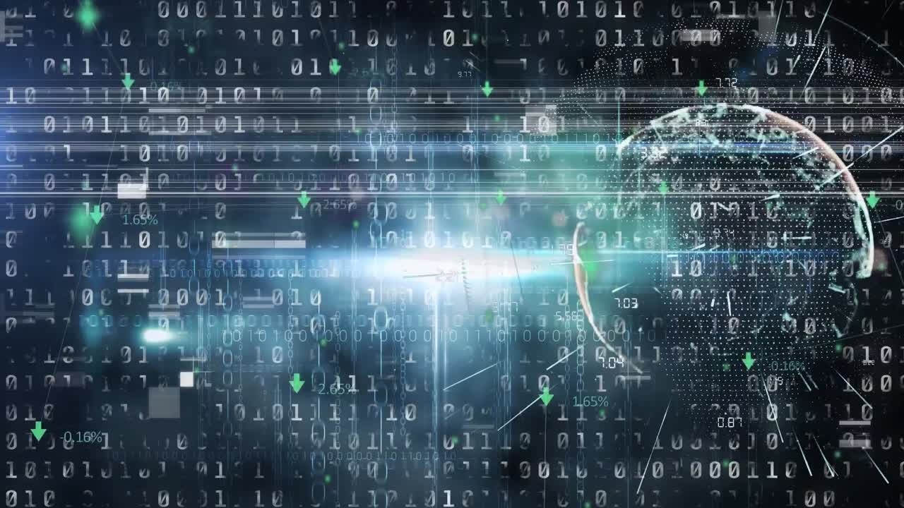 Animation of glitch over globe and binary code on black background