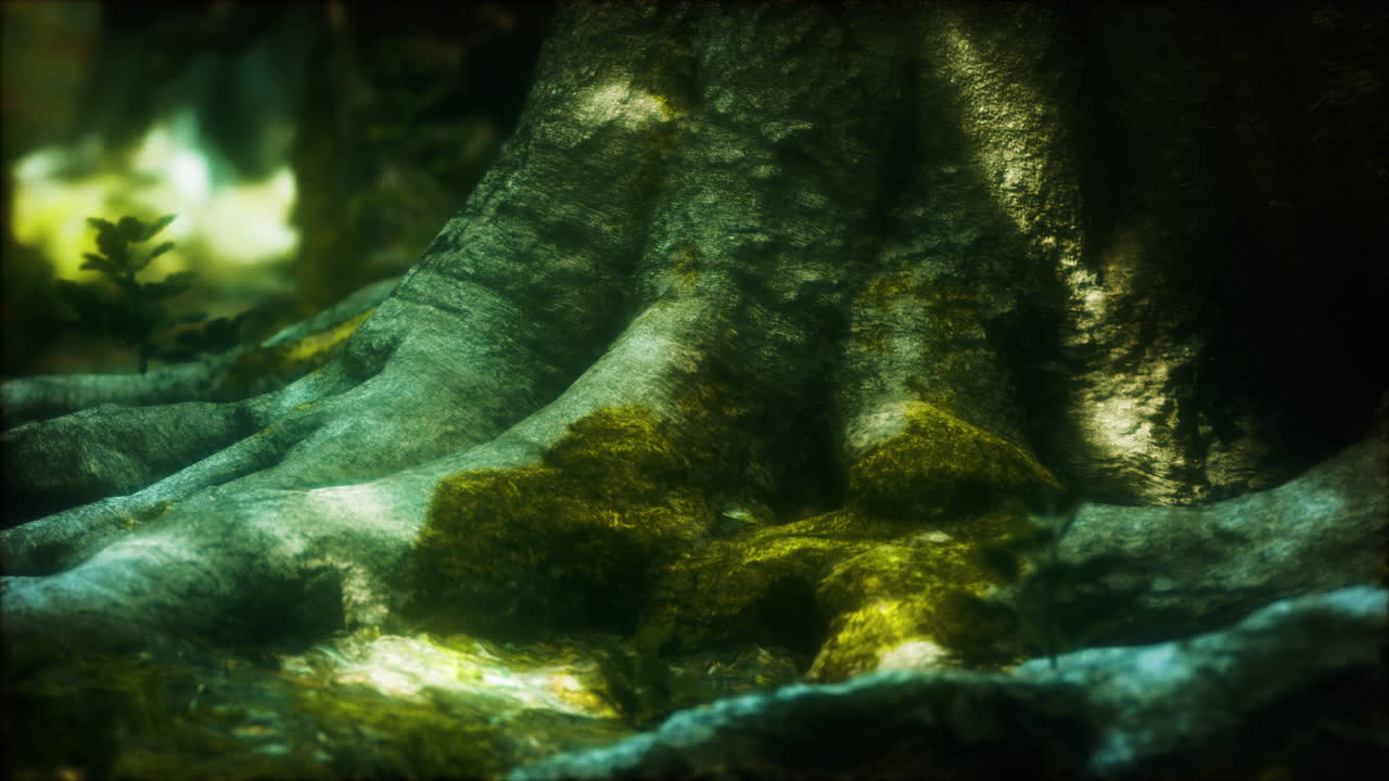 árbol con musgo en las raíces en un bosque verde