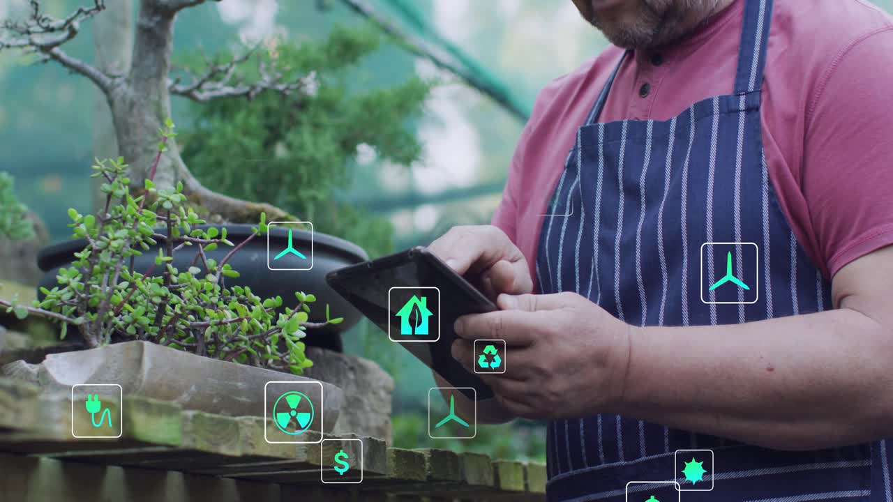 Senior gardener tapping tablet in garden, monitoring energy metrics, icons floating around bonsai