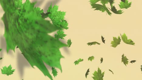 Animation-of-falling-green-leaves-over-yellow-background