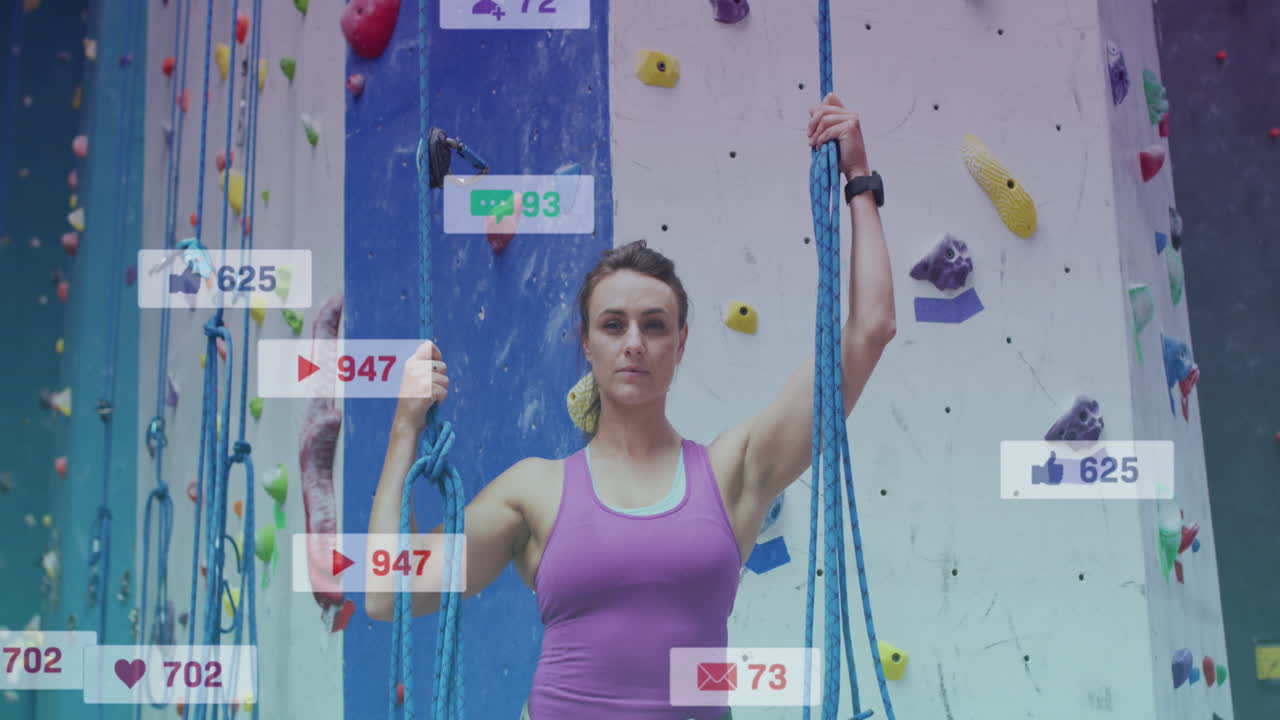 animación de iconos de los medios sobre una mujer caucásica en una pared de escalada